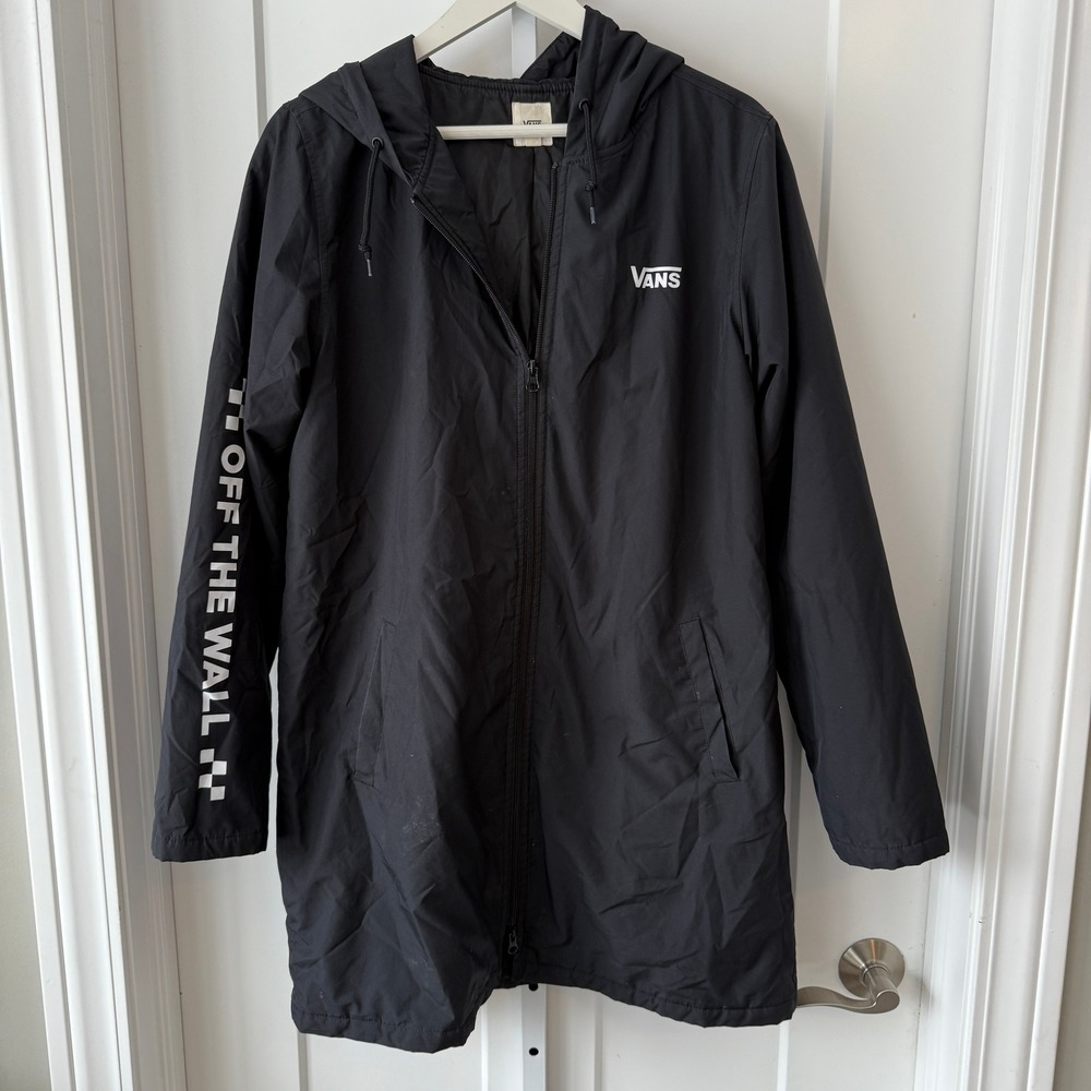 Vans Mens Black Longline Windbreaker Jacket Off The Wall Graphic Hooded Parka M